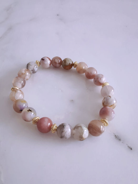 Cherry Blossom Agate Beaded Stretch Bracelet (8.5mm)