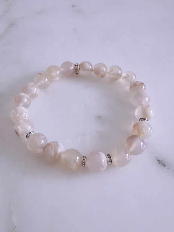 Cherry Blossom Agate Beaded Stretch Bracelet (8.5mm silver)