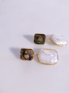 Abalone Shell, Baroque Pearl Dangle Stud Earrings