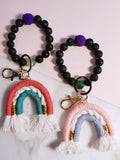 Lava Rock Bead Bracelet with Rainbow Boho Woven Keychain