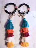 Lava Rock Bead Bracelet with Colorful Boho Tassels Keychain