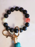 Lava Rock Bead Bracelet with Colorful Boho Tassels Keychain