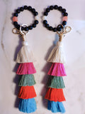 Lava Rock Bead Bracelet with Colorful Boho Tassels Keychain