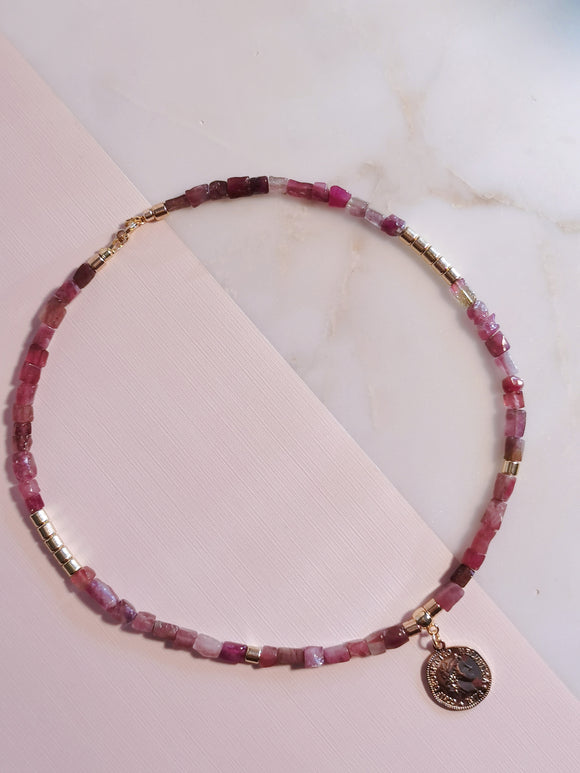 Matt Pink Tourmaline Pink Tiny Cube Choker