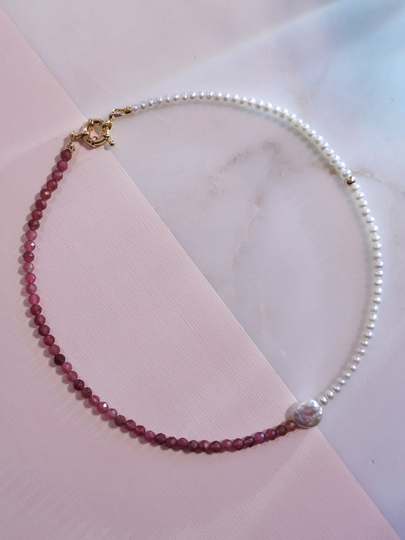 Faceted Pink Tourmaline & Pearl 3mm Beaded Choker