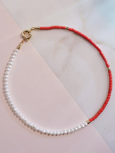 Red Coral & Pearl Tiny Beaded Choker (6mm)