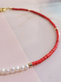 Red Coral & Pearl Tiny Beaded Choker (6mm)