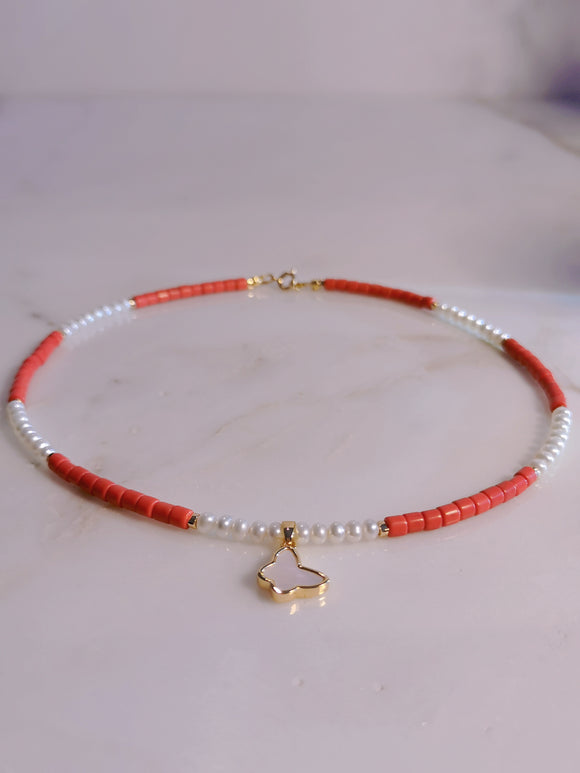 Red Coral & Pearl Tiny Beaded Choker (4mm)