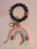 Lava Rock Bead Bracelet with Rainbow Boho Woven Keychain