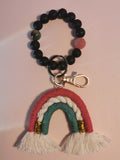 Lava Rock Bead Bracelet with Rainbow Boho Woven Keychain