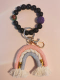 Lava Rock Bead Bracelet with Rainbow Boho Woven Keychain