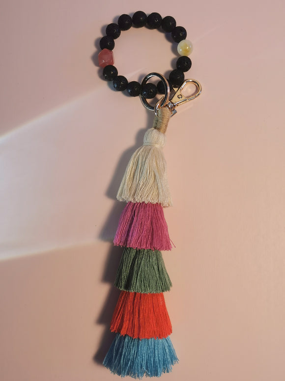 Lava Rock Bead Bracelet with Colorful Boho Tassels Keychain