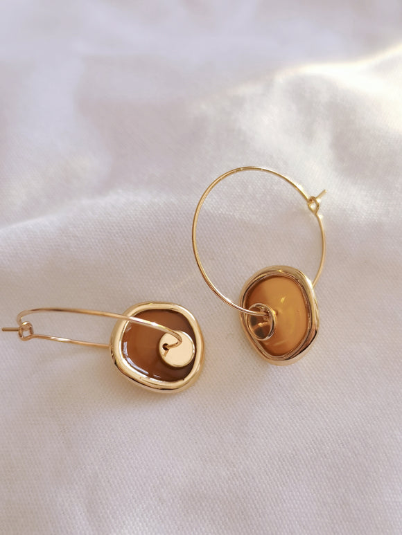 Thin Hoops Gold Amber Earrings